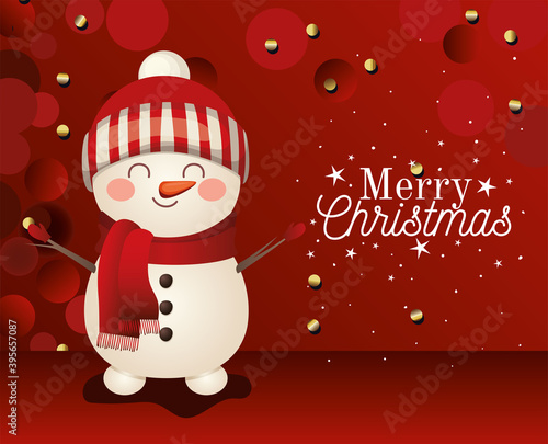 snowman icon with merry christmas lettering on red background