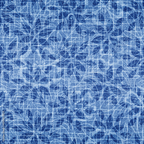 Vector seamless pattern. Indigo grunge texture fabric. Blue abstract flowers background. Modern denim textures. Fashion irregular floral whit urban effect for design prints. Vintage graphic textile 