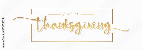 Happy Thanksgiving Handwriting Lettering Calligraphy with Gold Text Color, isolated on White Background. Vector Graphic Illustration for Banner, Poster, Greeting cards, Web, Presentation.