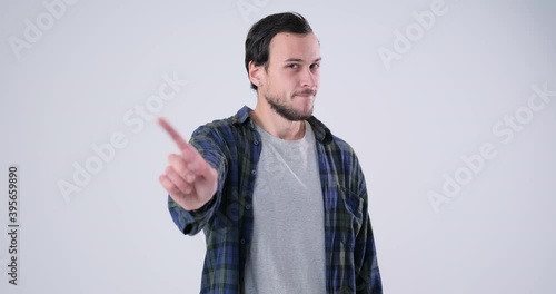 Men saying no by waving her finger