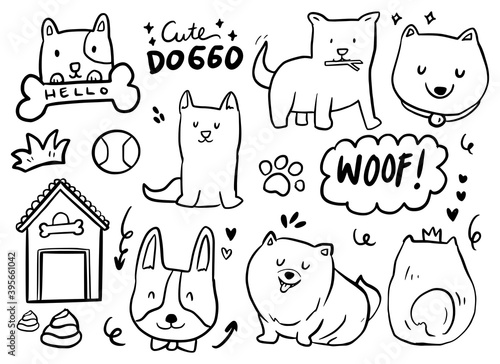 Set with cute dogs, bone and paw. child cartoon doodle drawing with dog poses illustration