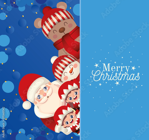 set of christmas icons with merry christmas lettering in blue background