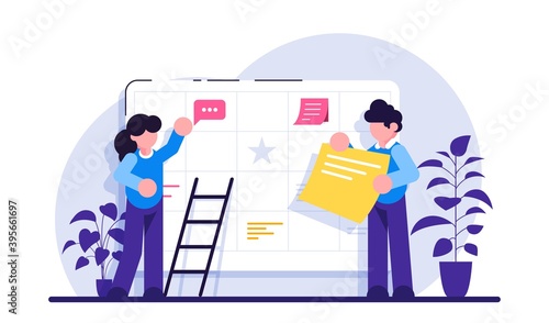 Content plan concept. Planning concept. Entrepreneurship and calendar schedule planning with filling course campaign. Events social media content and professional plan workers communications.