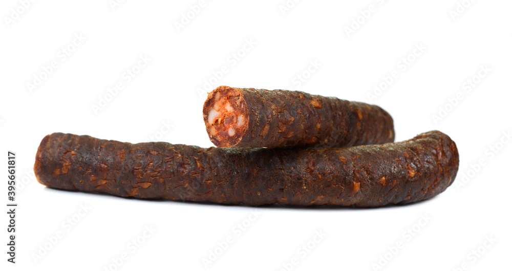 Dried and smoked Sausages isolated on white background. Dried and smoked Sausages isolated on white background.