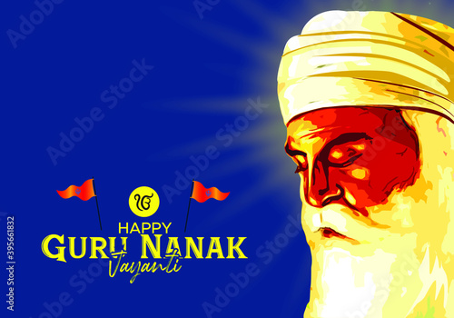 illustration of Guru Nanak Dev Ji,  Gurupurab or Prakash Parv festival celebration. concept, idea background with Sikh Flag