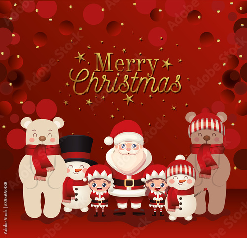set of christmas icons with merry christmas lettering