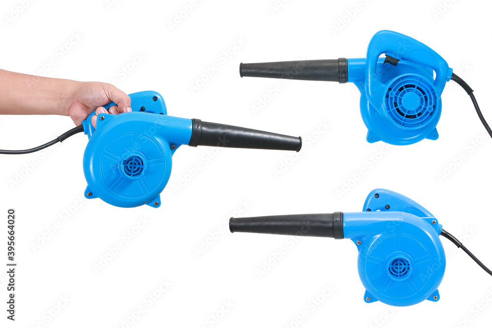 Hand of man holding blower machine isolate on white background Hand of man holding blower machine isolate on white background