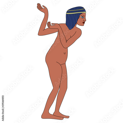 Naked ancient Egyptian girl standing or dancing. Pointing gesture.