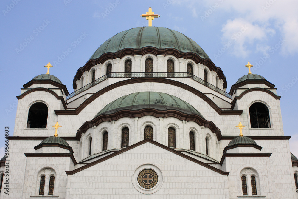 Close-up of the upper part of the facade of the Serbian Orthodox Church of Saint Sava in Belgrade, Serbia