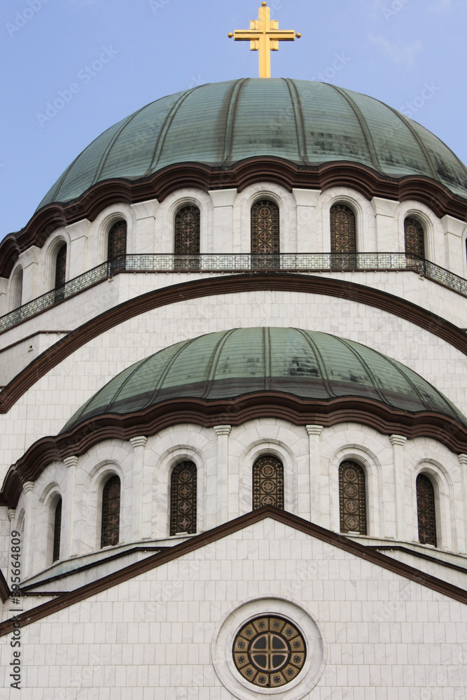 Close-up of domes of the Serbian Orthodox Church of Saint Sava in Belgrade, Serbia