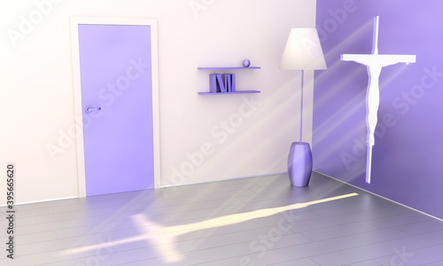 Empty room with sunlight shining through cross shaped window. 3D rendering. photo