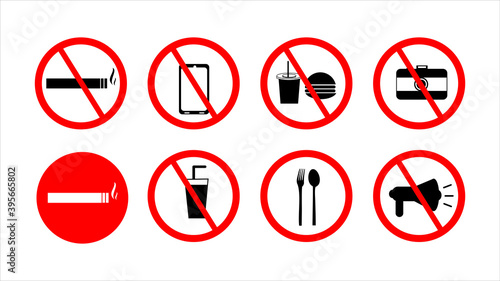 icon sign prohibiting bringing food and drinks, smoking prohibition, prohibition of taking pictures, prohibition of raising voice