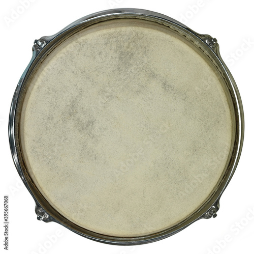 фотографія Top view of drum leather  isolated on white background. Drum head