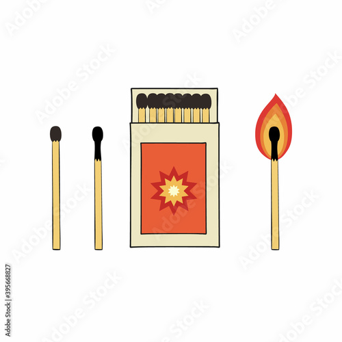 Set of illustrations of matchboxes and matches. Vector drawing in Doodle style.