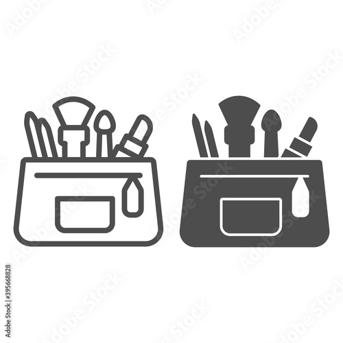 Women handbag with cosmetics line and solid icon, makeup routine concept, Beautician with cosmetics sign on white background, Female bag with contents icon in outline style. Vector graphics.