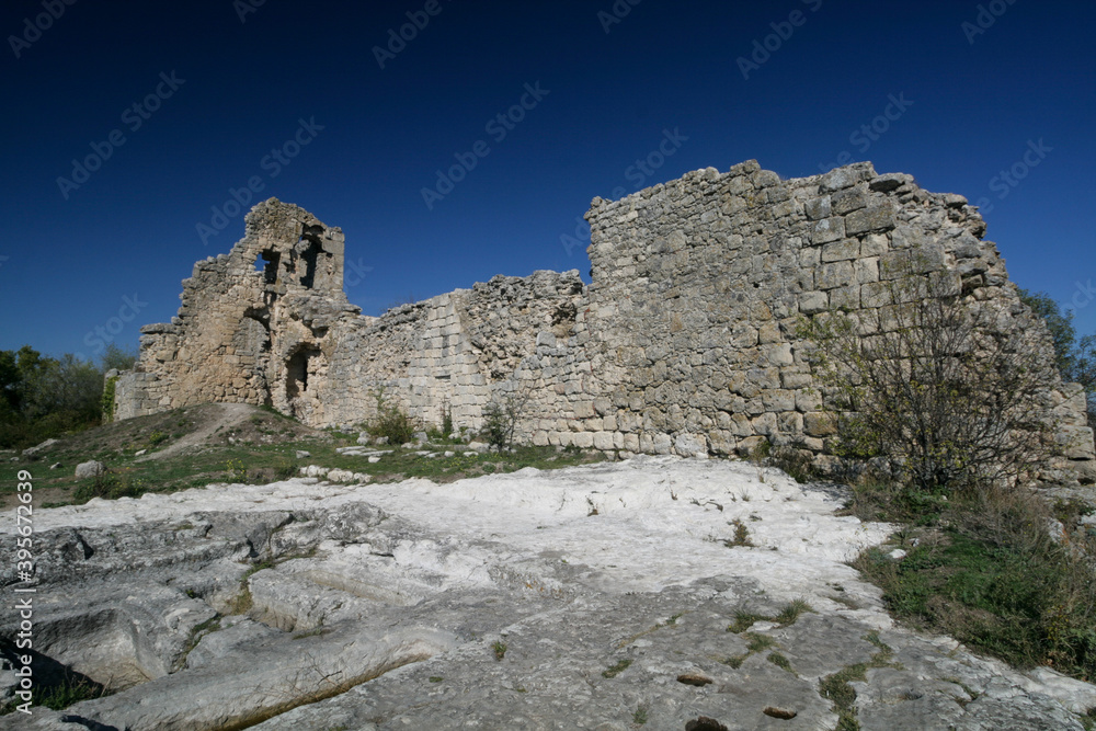 Fortress wall in the cave town of Eski-Kermen, Crimea.