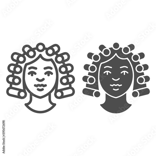 Hair rollers on girl head line and solid icon, makeup routine concept, Hairdresser salon sign on white background, girl with curlers on her head icon in outline style for mobile. Vector graphics.