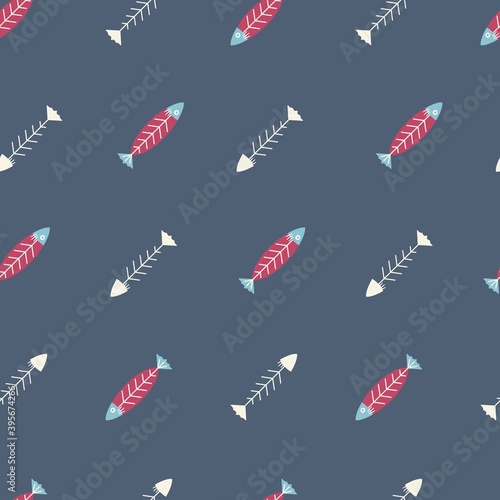 Fresh Fish Meat and Bones Vector Art Seamless Pattern