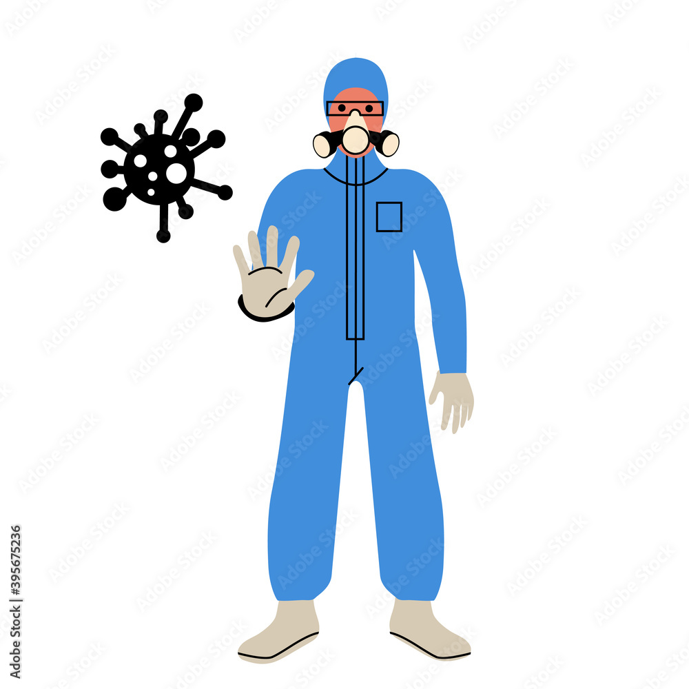 A full-length man in a protective suit, mask and glasses on a white isolated background. Protection from the virus. Vector illustration.