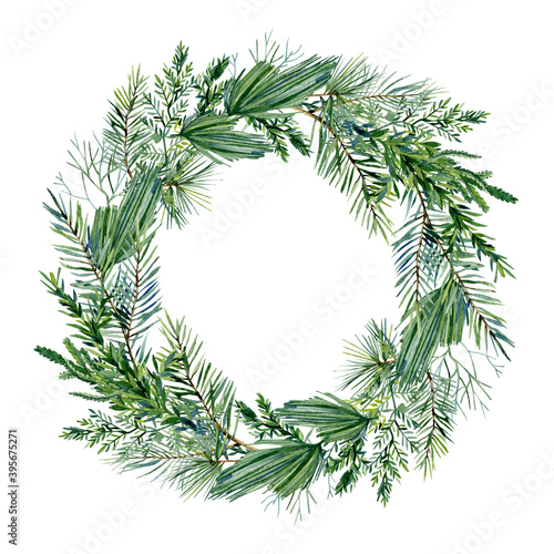 Watercolor Christmas classic wreah with fir branch  twigs spruce  wild flowers  wild floral. Winter greenery frame  evergreen illustration for greeting card  christmas card  invintation card.