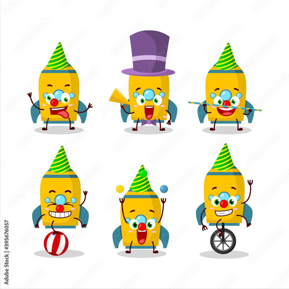 Cartoon character of yellow rocket firecracker with various circus shows