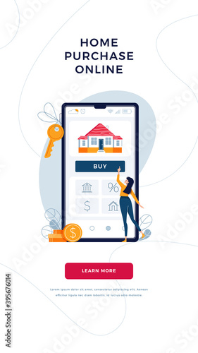 Home purchase online banner. Woman buying a new house, touching the button on phone screen. Mortgage, digital web property purchase concept for web, emailing design. Modern flat vector illustration