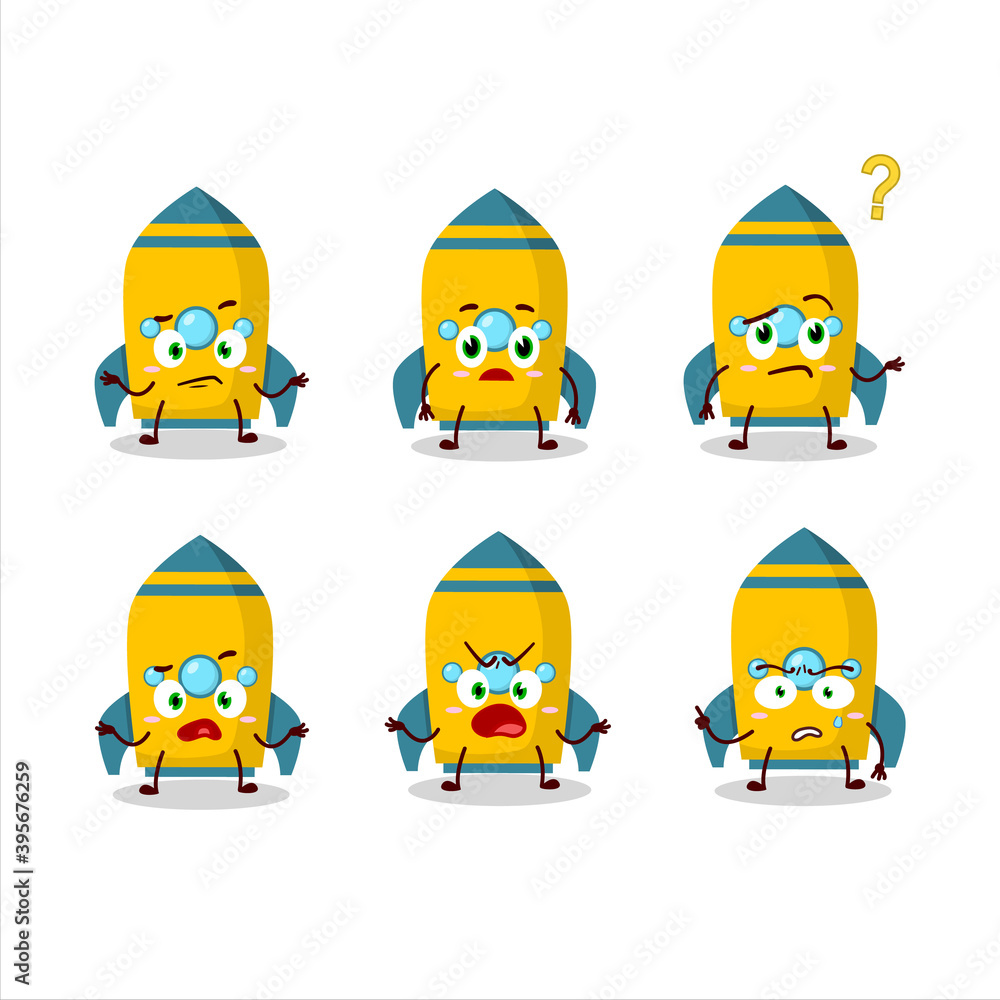 Cartoon character of yellow rocket firecracker with what expression