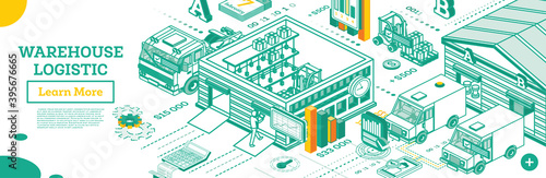 Warehouse Exterior. Isometric Outline Concept with Storehouse Buildings. Warehouse Logistics System.
