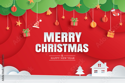 Merry christmas and happy new year red greeting card in paper art banner template. Use for poster, cover, flyer.