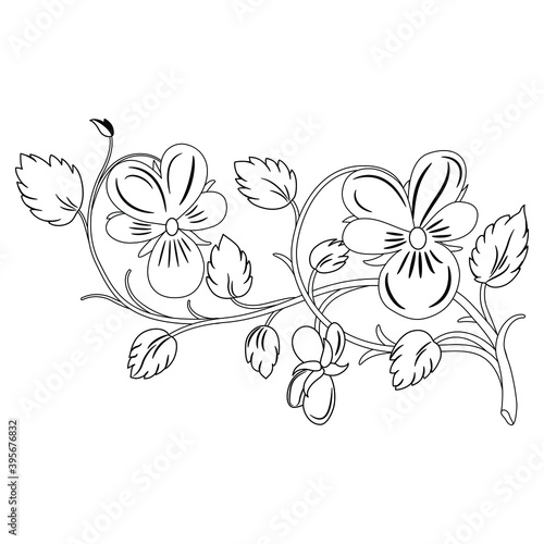 Stylized branch of pansy flowers. Viola tricolor. Black and white linear silhouette. Isolated vector illustration. 