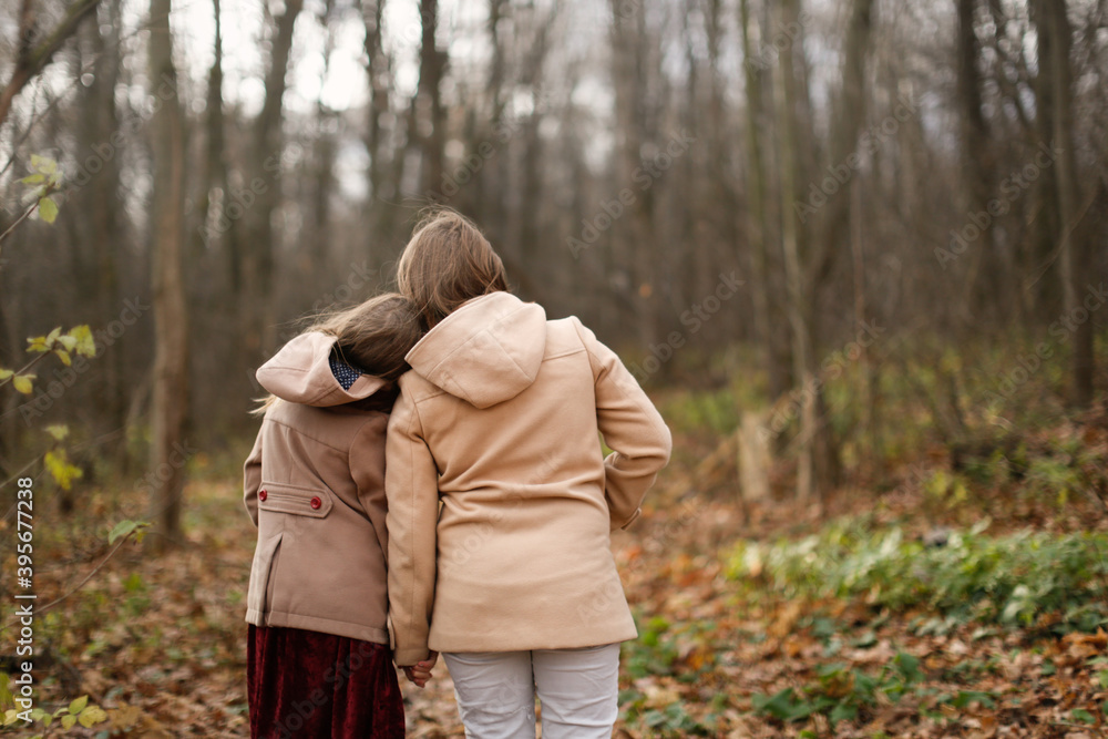 Fototapeta premium Caucasian children sisters walk together in the park in the forest along the path, girlfriends children hold hands and hug on a walk, view from the back, girly secrets, autumn walks in warm coats