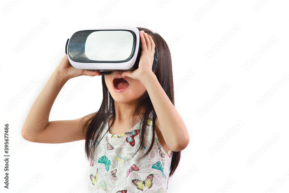 Portrait of a cute little Asian girl using a VR headset, standing against a white background Portrait of a cute little Asian girl using a VR headset, standing against a white background