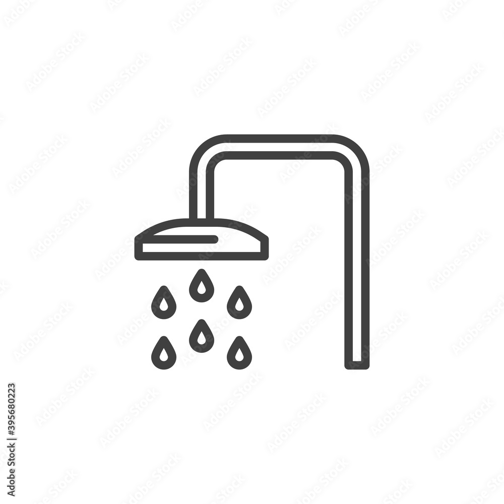 Shower and water drops line icon. linear style sign for mobile concept and web design. Bath shower outline vector icon. Symbol, logo illustration. Vector graphics Shower and water drops line icon. linear style sign for mobile concept and web design. Bath shower outline vector icon. Symbol, logo illustration. Vector graphics