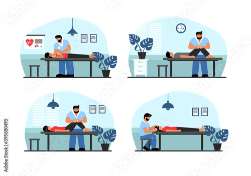 Vector flat illustration of osteopathy. An osteopath treats a patient. Munual therapist. Treatment of the back, head, and body. 
Headache treatment