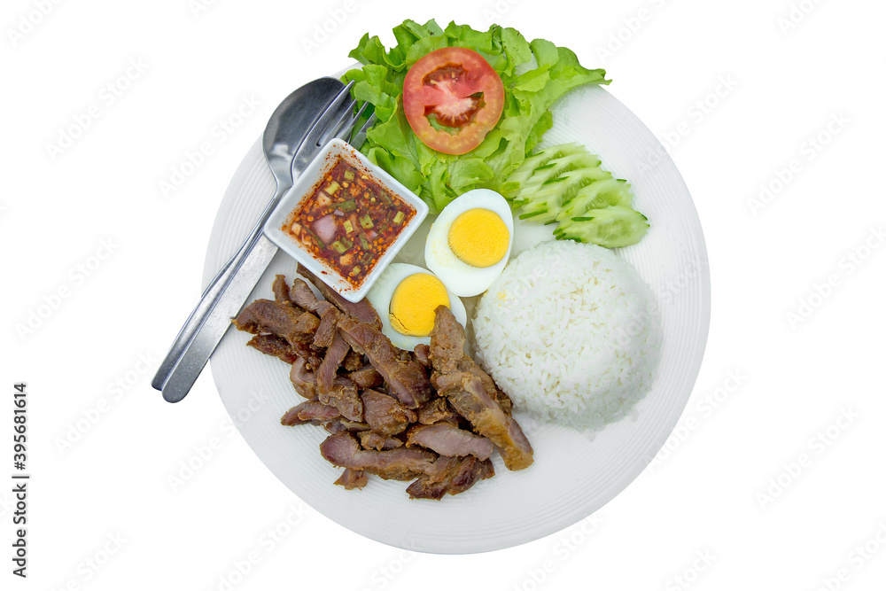 Boiled egg mix with stir fried pork with garlic as serve with streamed rice.