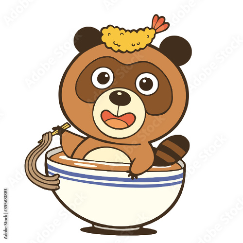 どんぶりの中に入ってそばを食べているたぬき。線あり。