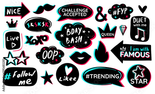 Black blue pink sticker pack white background. Modern music social media birthday celebration design. Icon fashion photo booth props. Vector graphic.