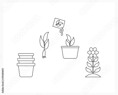 Doodle gardening icon isolated on white. Sketch seed, flower and pot. Outline vector stock illustration. EPS 10