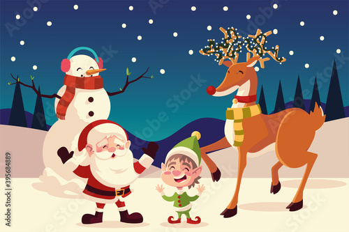 merry christmas santa helper snowman and reindeer in the snowy night © djvstock