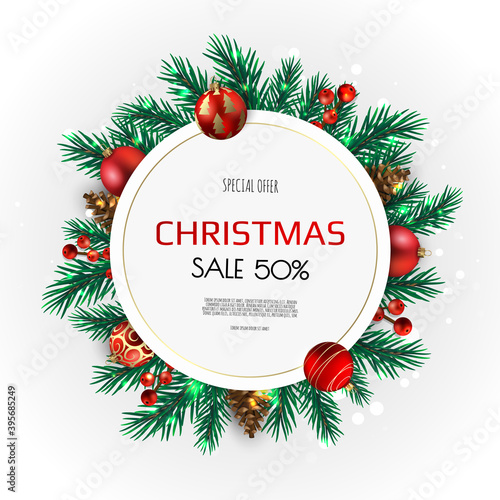 Christmas wreath of Christmas balls, snowflakes and other holiday elements.