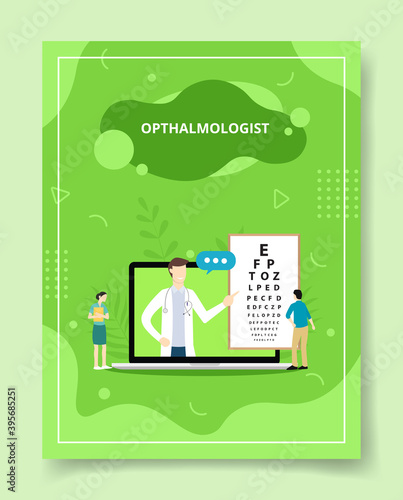 ophthalmologist on screen display showing alphabet for people standing front laptop ophthalmologist template of banners, flyer, books cover, magazines with liquid shape style