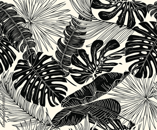 Black and white Monstera, palm, banana any tropical leaf pattern. Vector