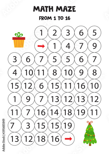 Mathematical worksheet with Christmas tree and present.