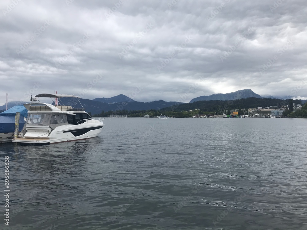 view of boat on lake Lucerne at summer day, in Lucerne, Switzerland