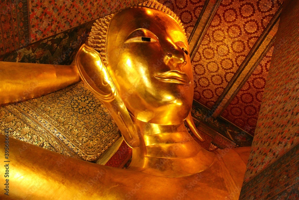 Buddha face statue Wat Phra Chetuphon ,Wat Pho - Temple of the Reclining Buddha, Bangkok Thailand. stock photo