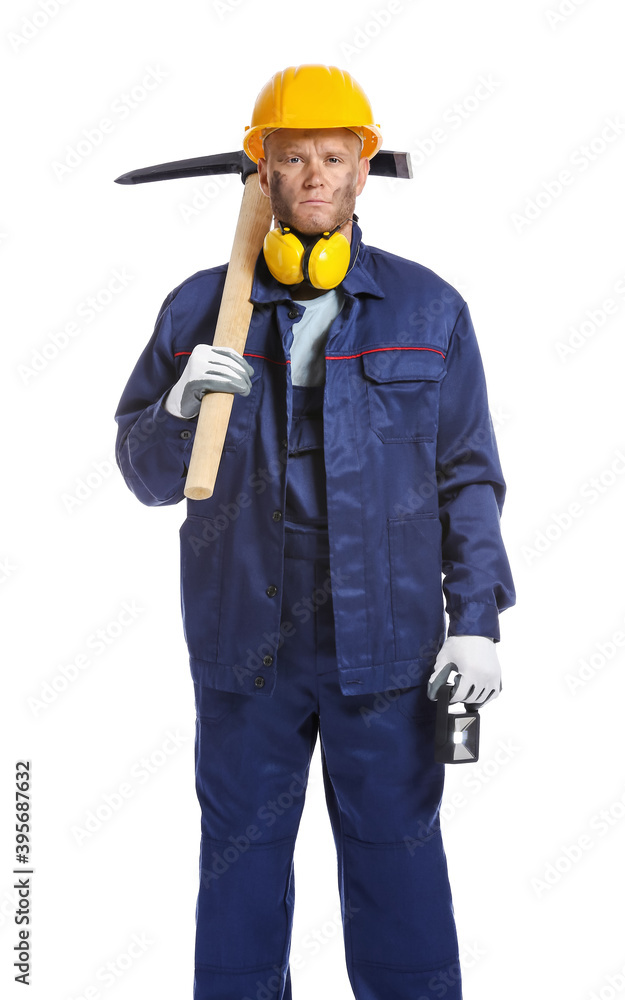 Miner man with pick axe on white background Miner man with pick axe on white background