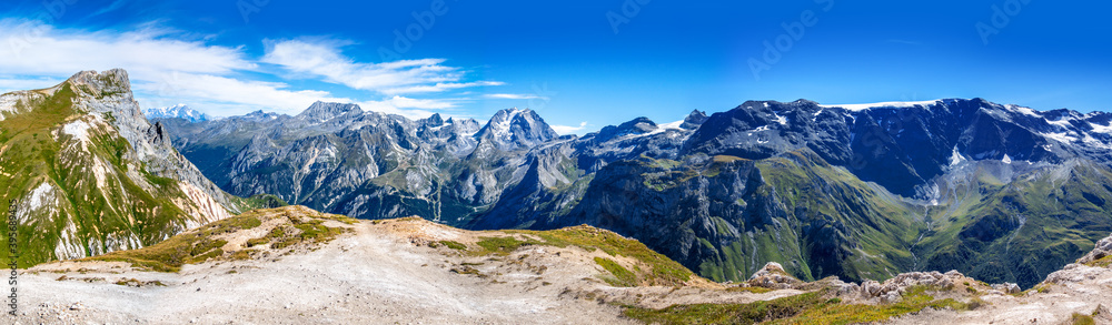 Mountain glaciers landscape view from the Petit Mont Blanc in Pralognan la Vanoise, French alps