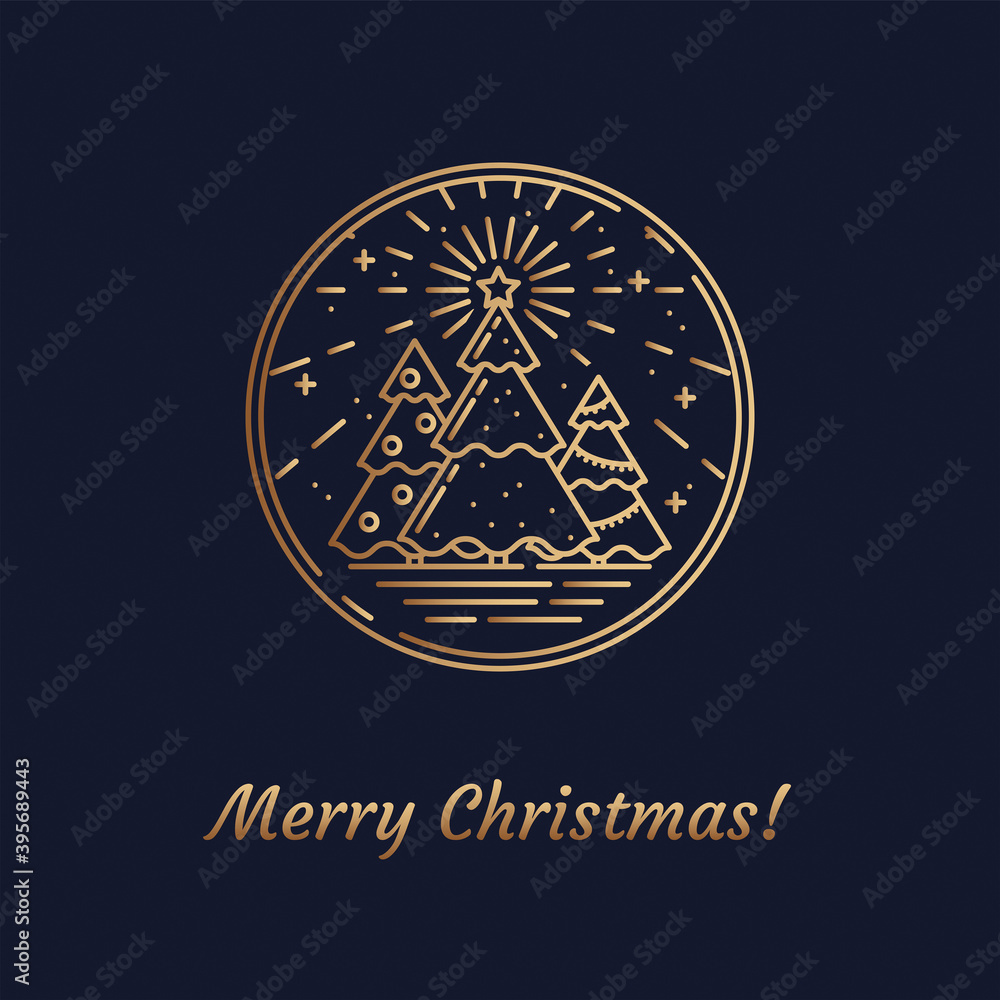 Vector Gold Line Art illustration of Christmas symbol Christmas Trees with Star, Rows and Snowflakes Icon concept. Flat vector sign, outline illustration isolated on Magic Navy Blue Background