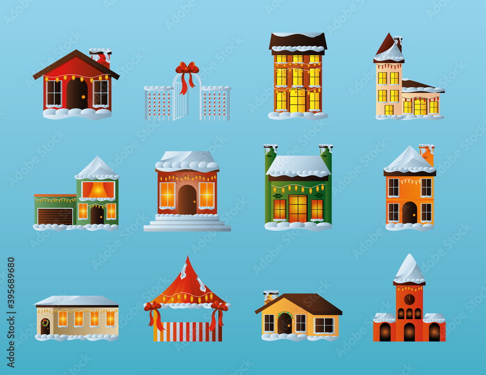 merry christmas icons set, houses with decorative lights and snow