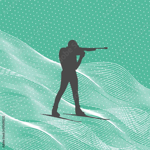  Shooting biathlete vector silhouette. Biathlonist with biathlone rifle background.Winter sports world championship illustration.